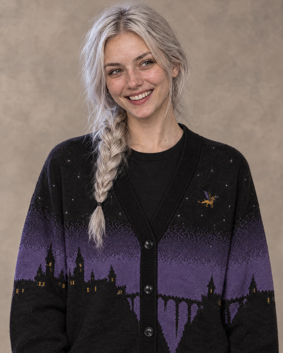 Fly or Die Basgiath Night Knitted Cardigan, close-up