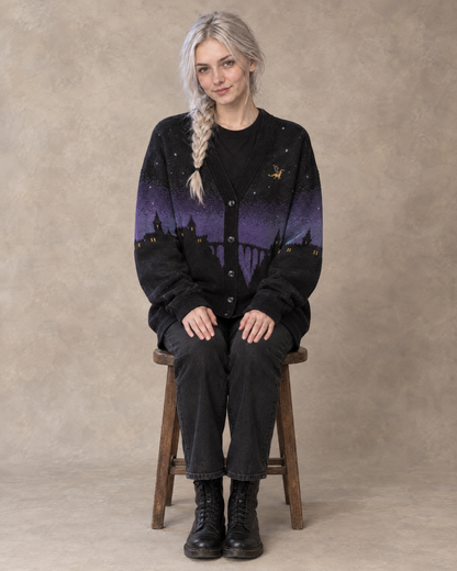 Fly or Die Basgiath Night Knitted Cardigan, seated