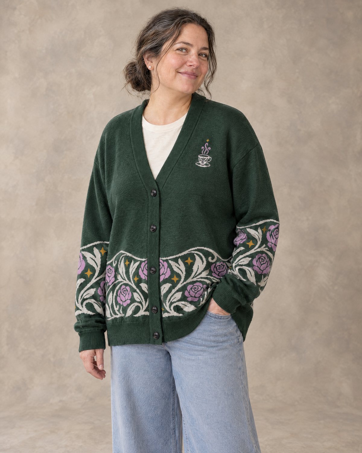 The Suriel Tarot Knitted Cardigan, three-quarter view