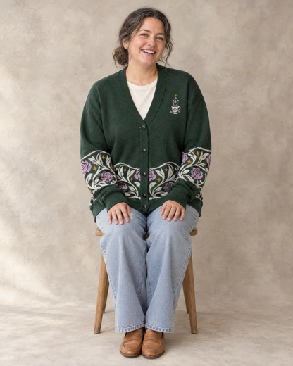 The Suriel Tarot Knitted Cardigan, seated