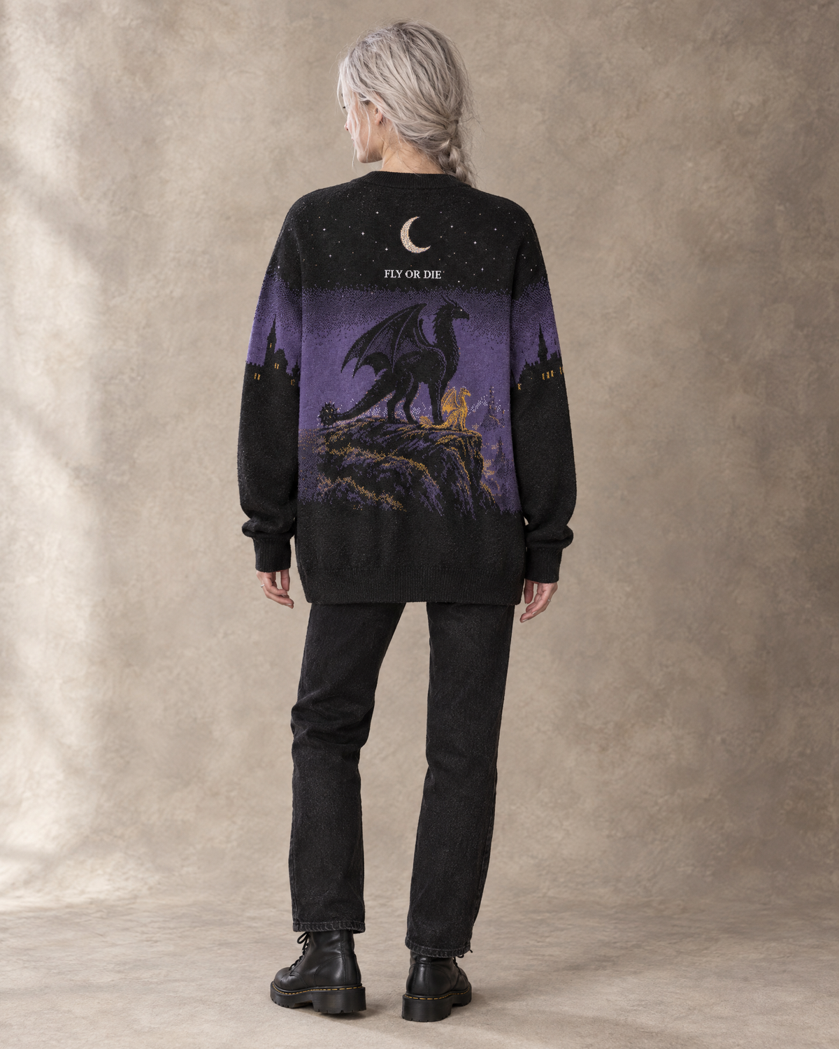 Fly or Die Basgiath Night Knitted Cardigan, back view