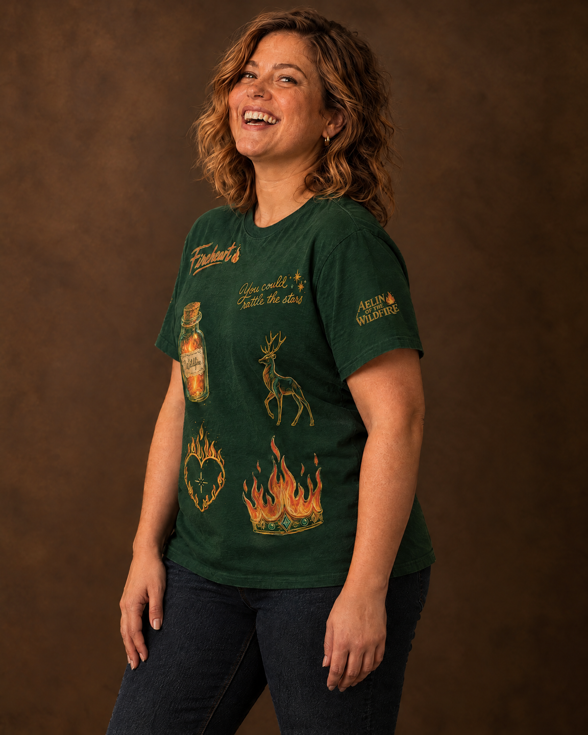 Aelin Fireheart Doodles Tee, three-quarter view with sleeve