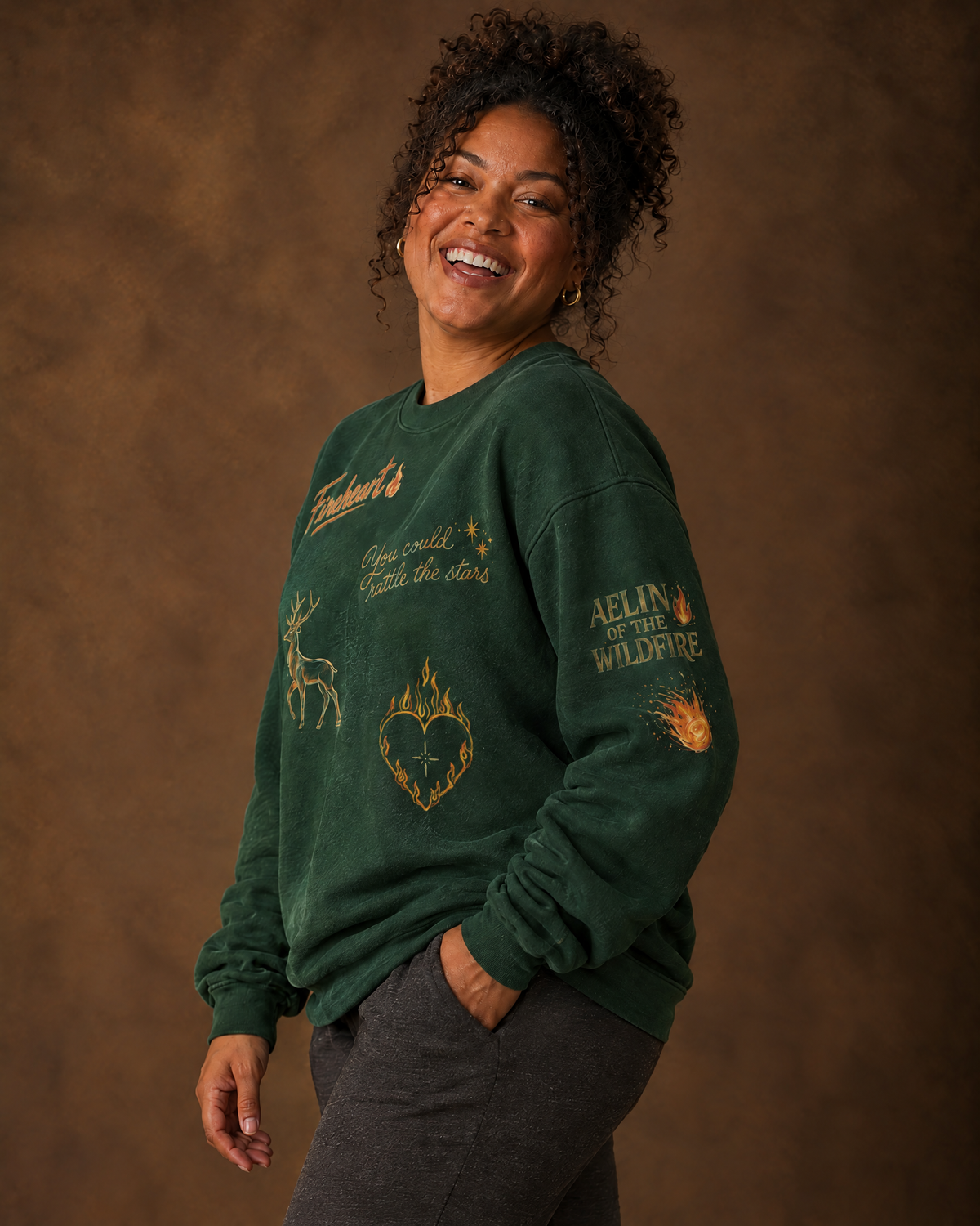 Aelin Fireheart Doodles Sweatshirt, three-quarter view with sleeve
