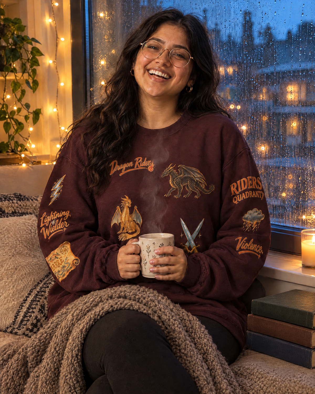 Fourth Wing Doodles Sweatshirt, by a rainy window with a mug