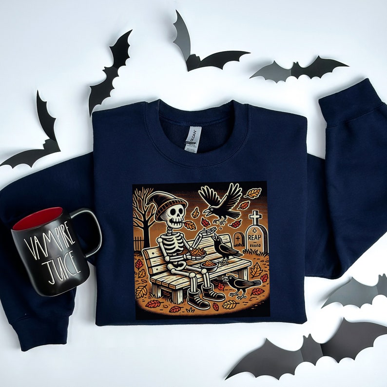 🍂 Autumn Skeleton Sweatshirt - Spooky Park Bench Design 🍂