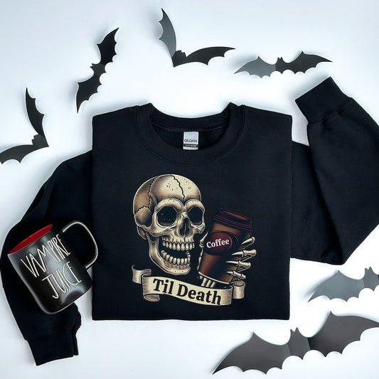 💀 Til Death Coffee Skull Sweatshirt - Spooky Goth Fashion for Halloween & Coffee Lovers ☕