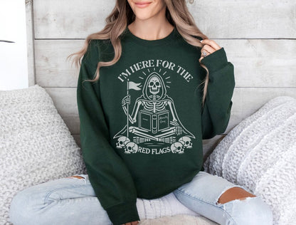 Skeleton Sweatshirt for Spooky Bookish Halloween 🎃💀 – "Here for the Red Flags"