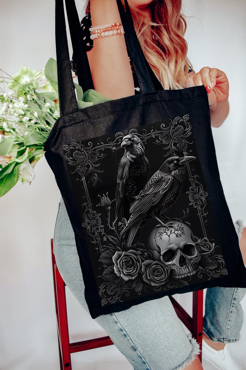 🖤 Gothic Raven & Skull Dark Academia Tote Bag