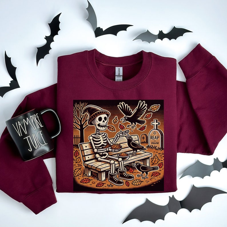 🍂 Autumn Skeleton Sweatshirt - Spooky Park Bench Design 🍂