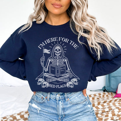 Skeleton Sweatshirt for Spooky Bookish Halloween 🎃💀 – "Here for the Red Flags"