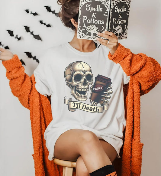 💀 Til Death Coffee Skull T-shirt - Spooky Goth Fashion for Halloween & Coffee Lovers ☕