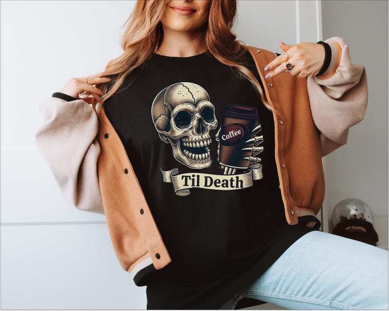 💀 Til Death Coffee Skull T-shirt - Spooky Goth Fashion for Halloween & Coffee Lovers ☕