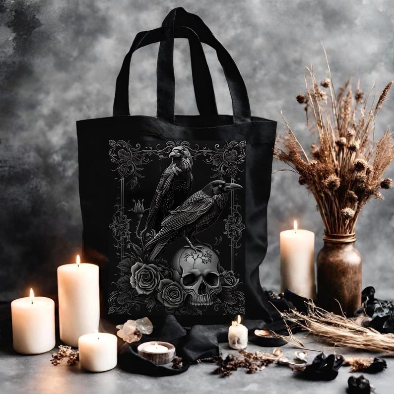 🖤 Gothic Raven & Skull Dark Academia Tote Bag