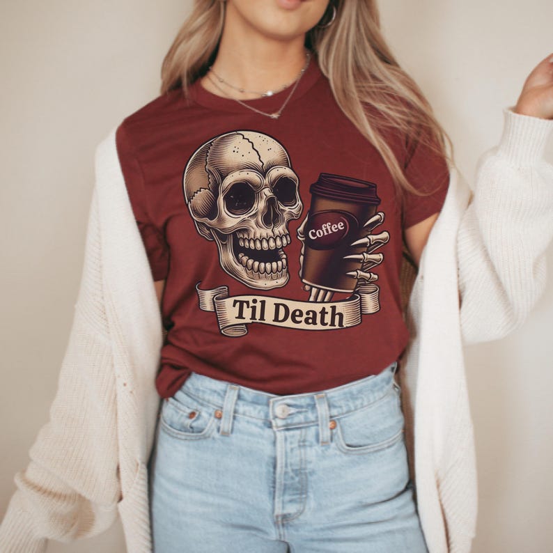 💀 Til Death Coffee Skull T-shirt - Spooky Goth Fashion for Halloween & Coffee Lovers ☕