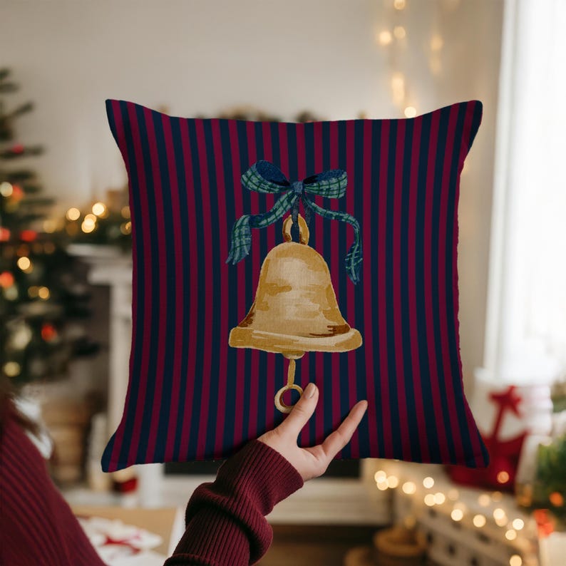 Striped Christmas Golden Bell Pillow