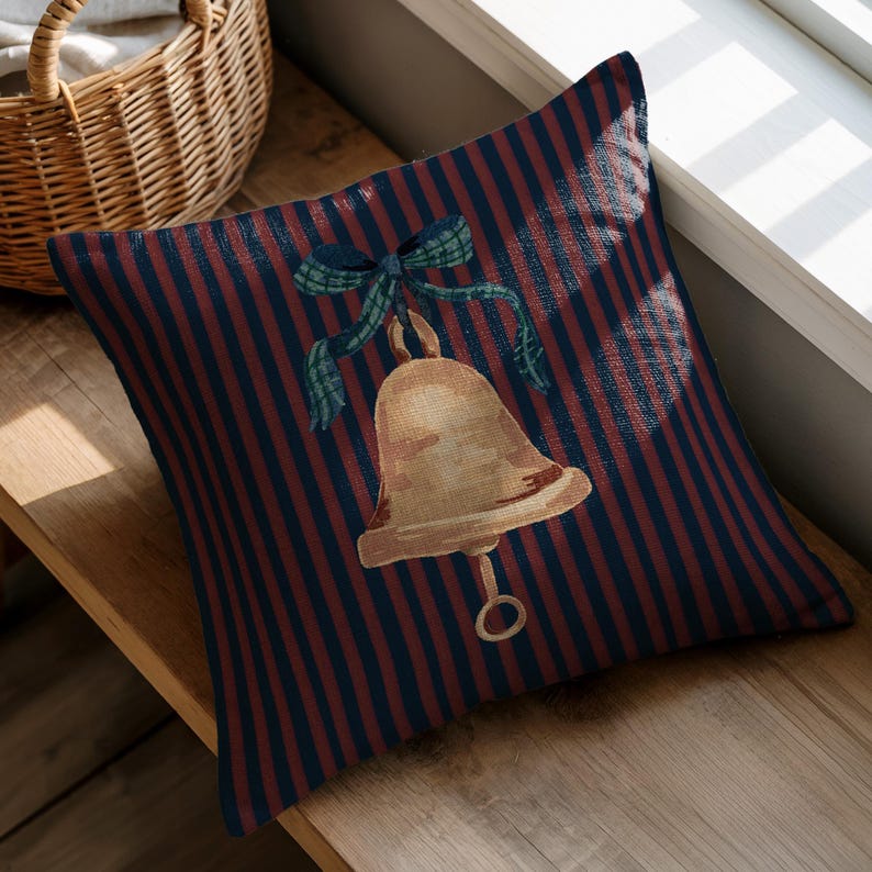 Striped Christmas Golden Bell Pillow