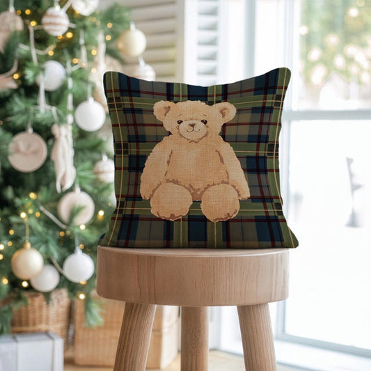 Adorable Bear on Plaid Pillow