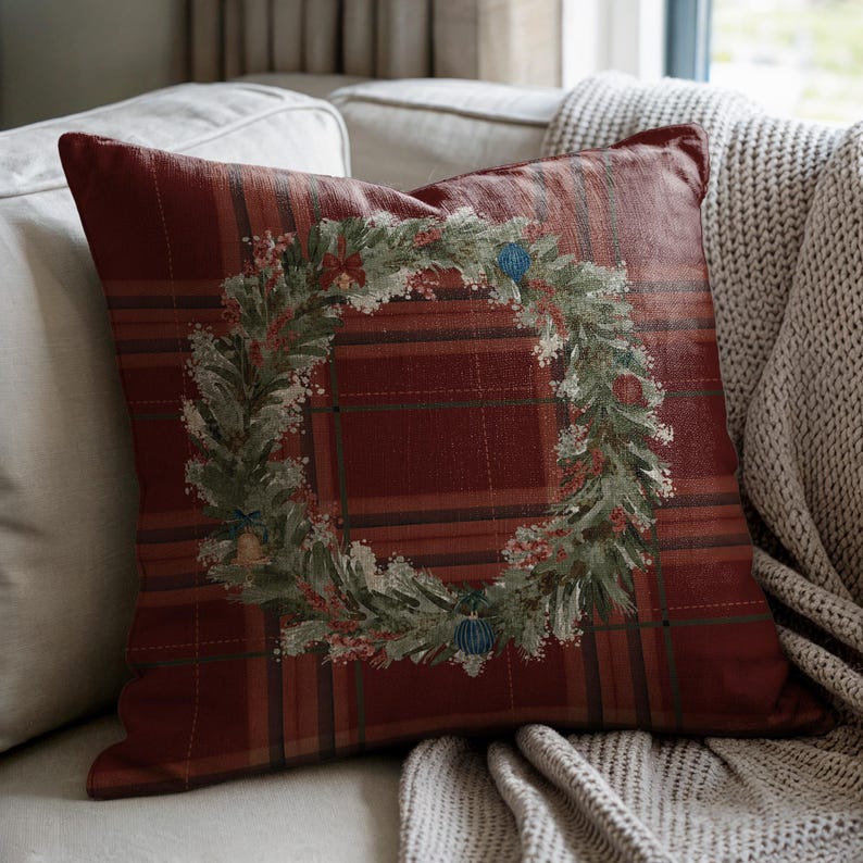 Christmas Wreath Plaid Pillow