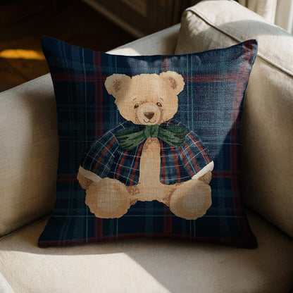 Festive Plaid Teddy Bear Pillow