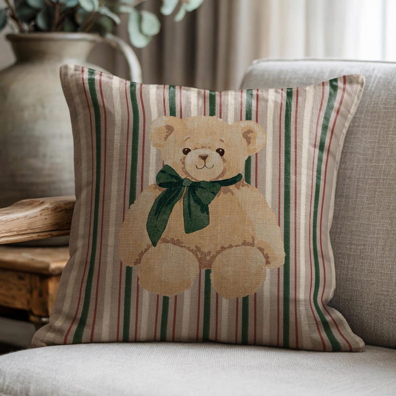 Green Bow Teddy Bear Pillow