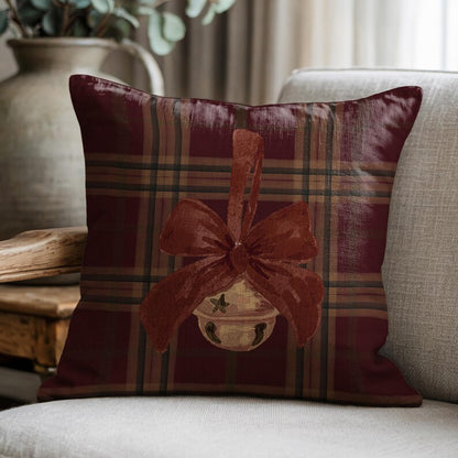 Holiday Plaid Gold Bell Pillow