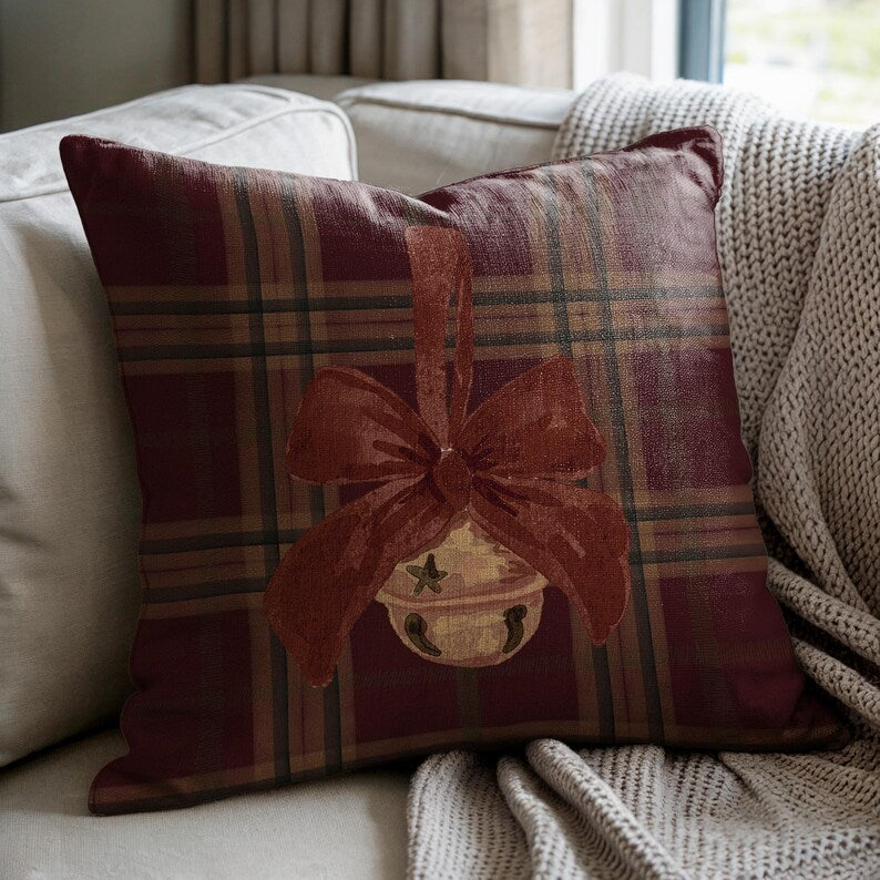 Holiday Plaid Gold Bell Pillow