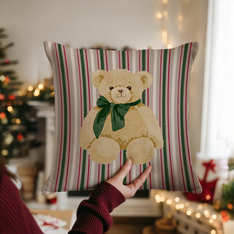 Green Bow Teddy Bear Pillow