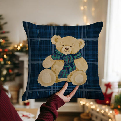 Teddy Bear with Plaid Scarf Blue Pillow