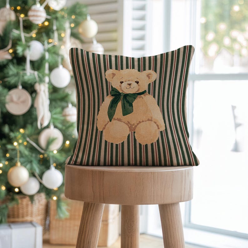 Green Teddy Bear Bow Tie Pillow