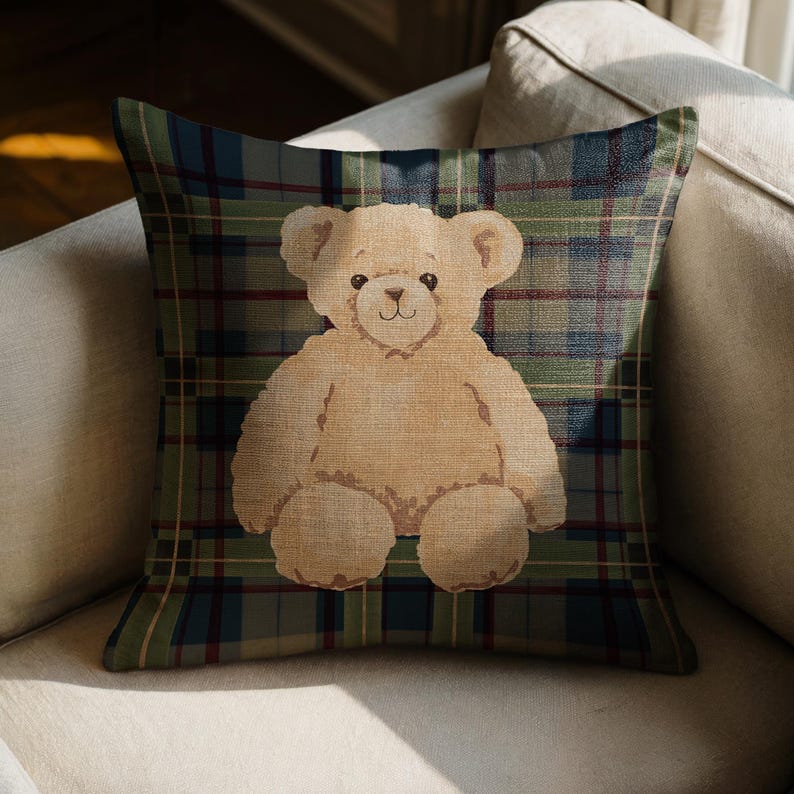 Adorable Bear on Plaid Pillow