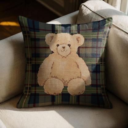 Adorable Bear on Plaid Pillow