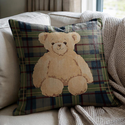 Adorable Bear on Plaid Pillow