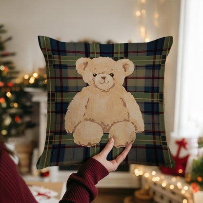 Adorable Bear on Plaid Pillow