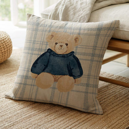 Cute Teddy Bear in Blue Sweater Pillow