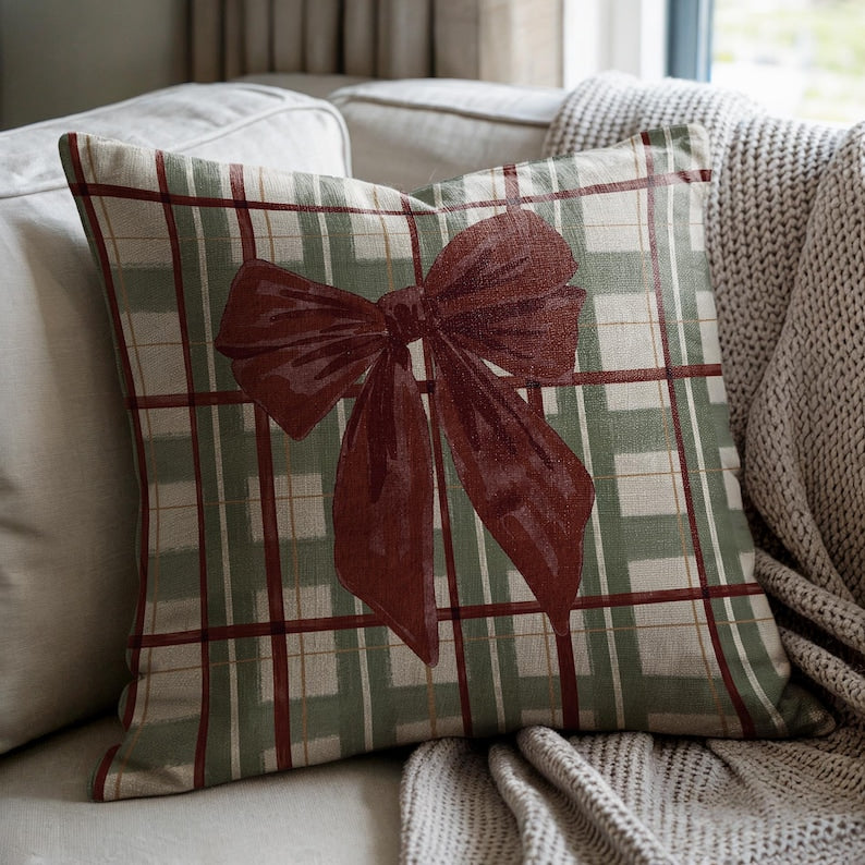 Holiday Plaid with Bow Pillow