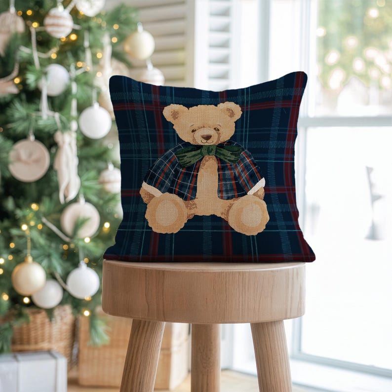 Festive Plaid Teddy Bear Pillow