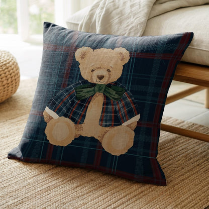 Festive Plaid Teddy Bear Pillow