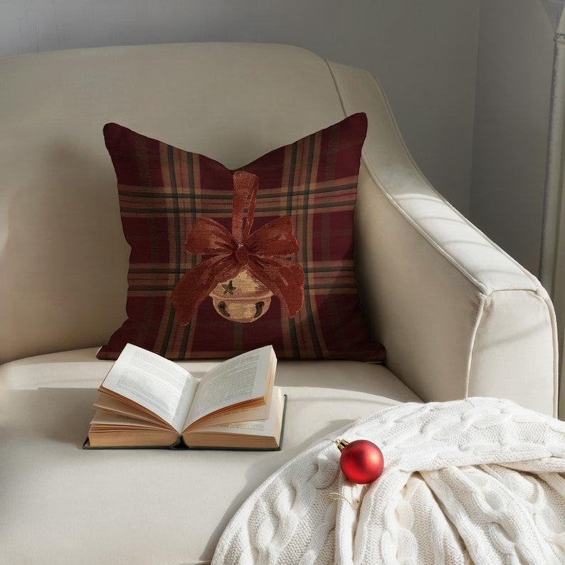 Holiday Plaid Gold Bell Pillow