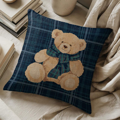 Teddy Bear with Plaid Scarf Blue Pillow