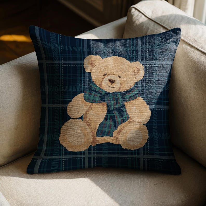 Teddy Bear with Plaid Scarf Blue Pillow