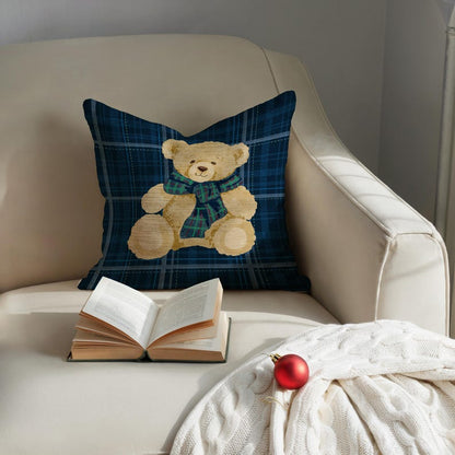 Teddy Bear with Plaid Scarf Blue Pillow