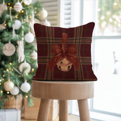 Holiday Plaid Gold Bell Pillow