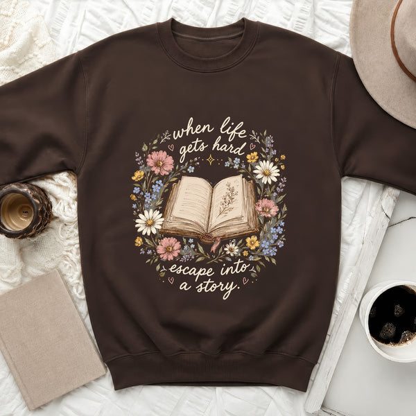 Literary Escape Floral Story Sweatshirt in Dark Chocolate