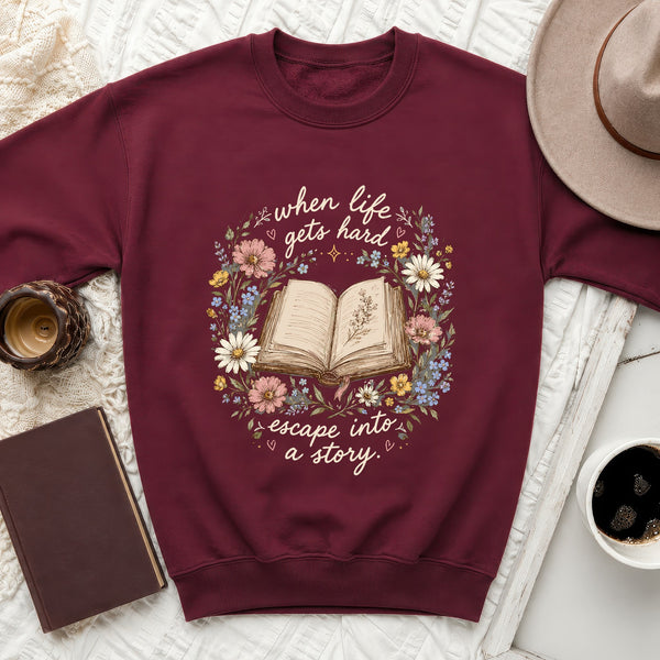 Literary Escape Floral Story Sweatshirt in Maroon
