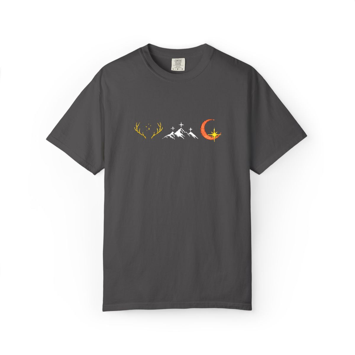 Graphite Comfort Colors tee with the embroidered row of three emblems on the chest