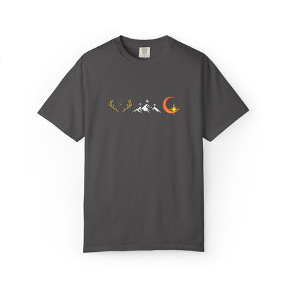 Graphite Comfort Colors tee with the embroidered row of three emblems on the chest