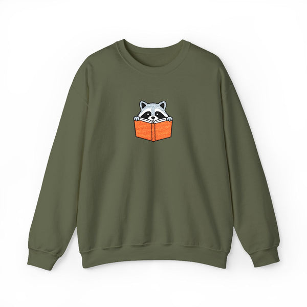 Reading Raccoon Embroidered Sweatshirt in Military Green