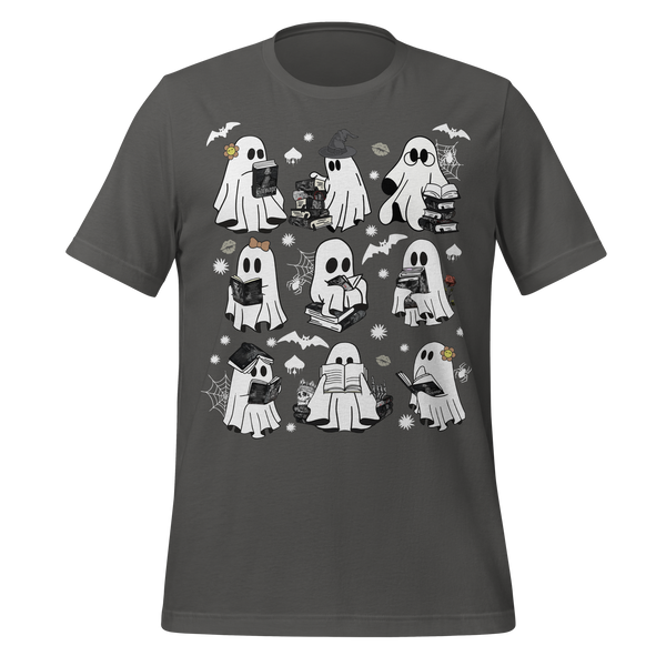 Spooky Reading Ghosts With Books Halloween Illustration Tee in Asphalt