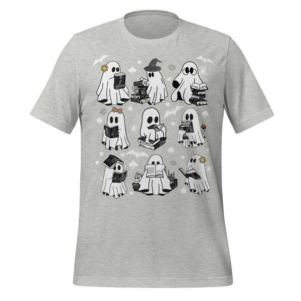 Spooky Reading Ghosts With Books Halloween Illustration Tee in Athletic Heather