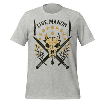 Live Manon Skull Swords and Floral Design Graphic Tee